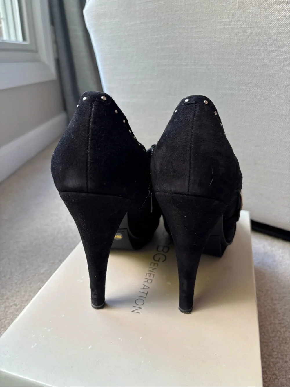 BCBGeneration Black Suede Studded Buckle High Heel Booties